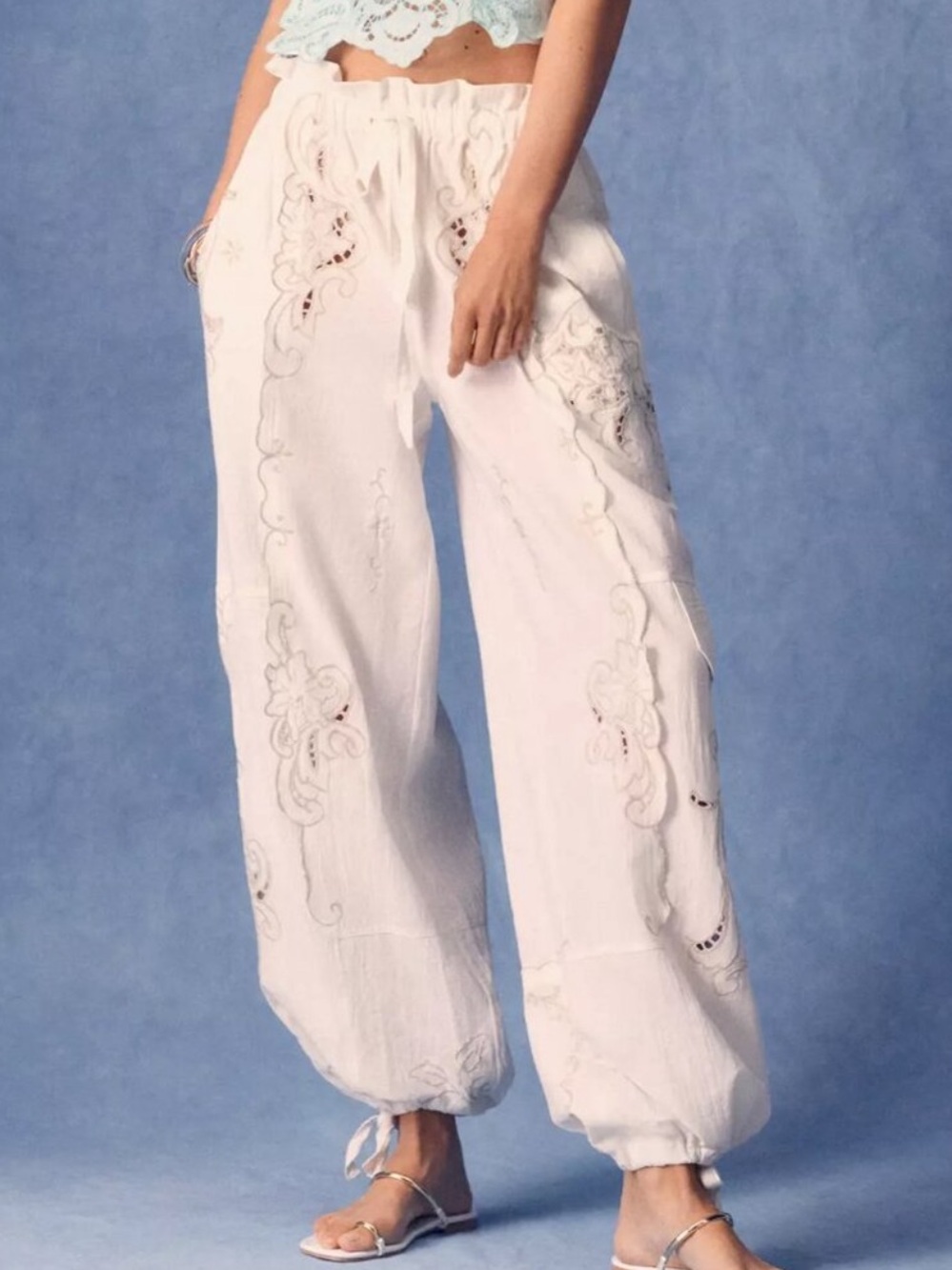Anthropologie White Embroidered Linen Cargo Joggers for Women size XS